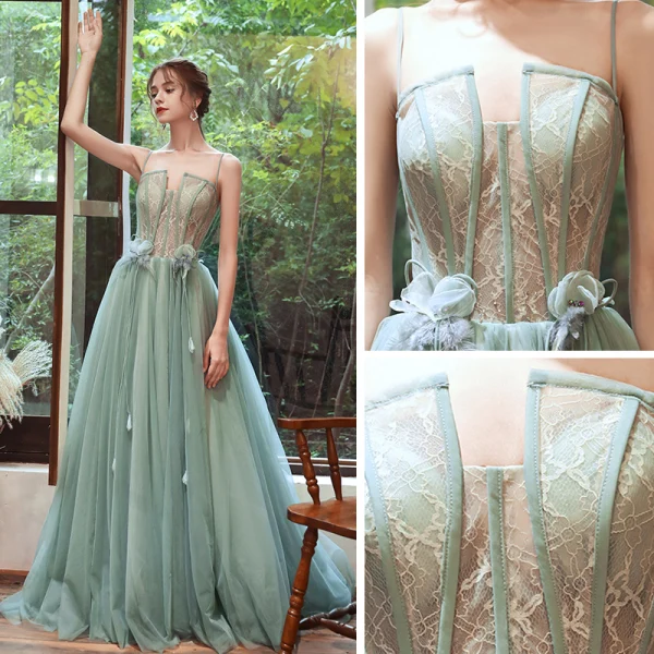 Élégant Vert Robe De Soirée 2020 Princesse Bretelles Spaghetti Sans Manches Appliques Fleur Plumes Perlage Train De Balayage Volants Dos Nu Robe De Ceremonie