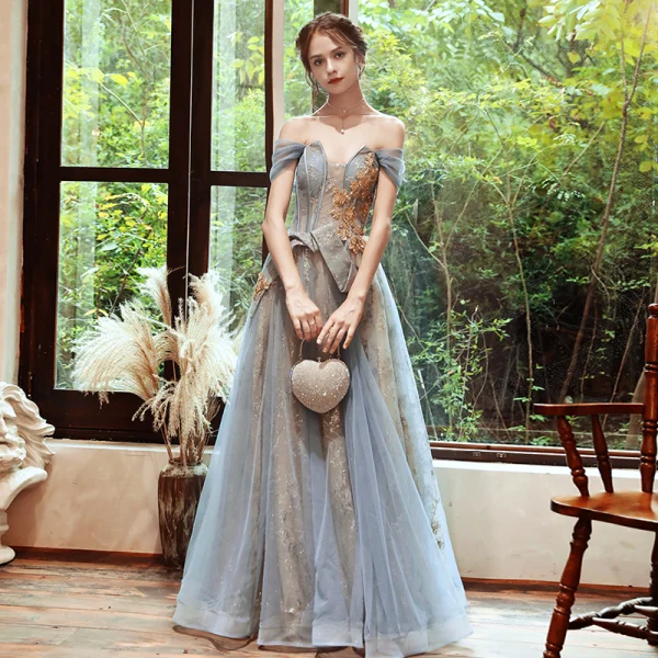Classy Sky Blue Gold See-through Evening Dresses 2020 A-Line / Princess Off-The-Shoulder Short Sleeve Beading Glitter Tulle Floor-Length / Long Classy Sky Blue Gold See-through Evening Dresses 2020 A-Line / Princess Off-The-Shoulder Short Sleeve Beading Glitter Tulle Floor-Length / Long