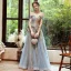 Classy Sky Blue Gold See-through Evening Dresses  2020 A-Line / Princess Off-The-Shoulder Short Sleeve Beading Glitter Tulle Floor-Length / Long Backless Formal Dresses