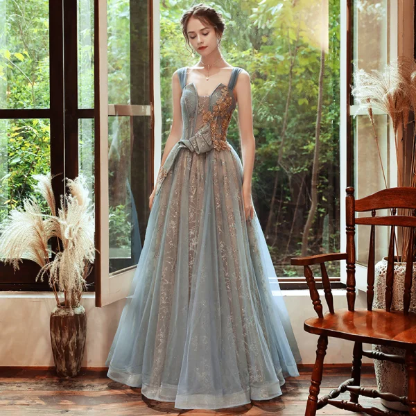 Classy Sky Blue Gold See-through Evening Dresses 2020 A-Line / Princess Off-The-Shoulder Short Sleeve Beading Glitter Tulle Floor-Length / Long Backless Formal Dresses