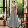 Classy Sky Blue Gold See-through Evening Dresses  2020 A-Line / Princess Off-The-Shoulder Short Sleeve Beading Glitter Tulle Floor-Length / Long Backless Formal Dresses