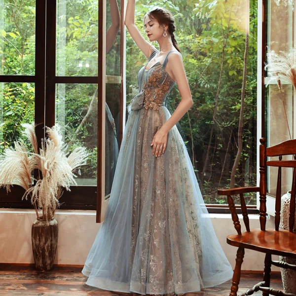 Classy Sky Blue Gold See-through Evening Dresses 2020 A-Line / Princess Off-The-Shoulder Short Sleeve Beading Glitter Tulle Floor-Length / Long Backless Formal Dresses