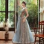 Classy Sky Blue Gold See-through Evening Dresses  2020 A-Line / Princess Off-The-Shoulder Short Sleeve Beading Glitter Tulle Floor-Length / Long Backless Formal Dresses