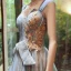 Classy Sky Blue Gold See-through Evening Dresses  2020 A-Line / Princess Off-The-Shoulder Short Sleeve Beading Glitter Tulle Floor-Length / Long Backless Formal Dresses