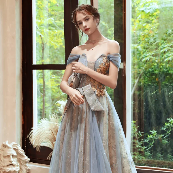 Classy Sky Blue Gold See-through Evening Dresses 2020 A-Line / Princess Off-The-Shoulder Short Sleeve Beading Glitter Tulle Floor-Length / Long Backless Formal Dresses