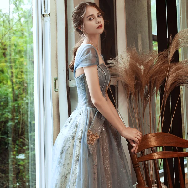 Classy Sky Blue Gold See-through Evening Dresses 2020 A-Line / Princess Off-The-Shoulder Short Sleeve Beading Glitter Tulle Floor-Length / Long Backless Formal Dresses