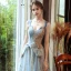 Classy Sky Blue Gold See-through Evening Dresses  2020 A-Line / Princess Off-The-Shoulder Short Sleeve Beading Glitter Tulle Floor-Length / Long Backless Formal Dresses