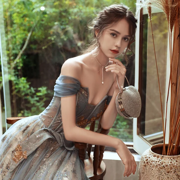 Classy Sky Blue Gold See-through Evening Dresses 2020 A-Line / Princess Off-The-Shoulder Short Sleeve Beading Glitter Tulle Floor-Length / Long Backless Formal Dresses