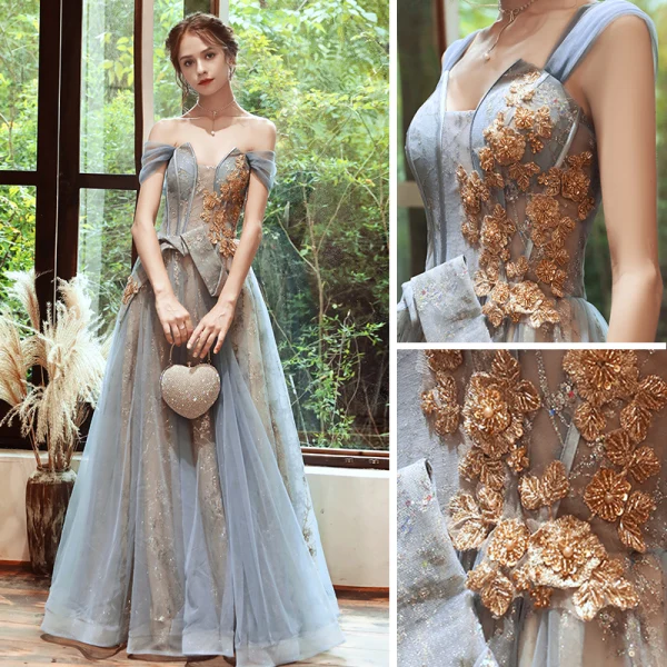 Classy Sky Blue Gold See-through Evening Dresses 2020 A-Line / Princess Off-The-Shoulder Short Sleeve Beading Glitter Tulle Floor-Length / Long Backless Formal Dresses