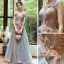 Classy Sky Blue Gold See-through Evening Dresses  2020 A-Line / Princess Off-The-Shoulder Short Sleeve Beading Glitter Tulle Floor-Length / Long Backless Formal Dresses