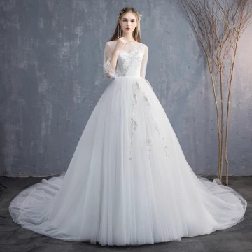Affordable Ivory See Through Wedding Dresses 2019 A Line Princess Scoop Neck Puffy 3 4 Sleeve Backless Appliques Lace Cathedral Train Ruffle