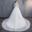 Erschwinglich Ivory / Creme Durchsichtige Brautkleider / Hochzeitskleider 2019 A Linie Rundhalsausschnitt Geschwollenes 3/4 Ärmel Rückenfreies Applikationen Spitze Kathedrale Schleppe Rüschen