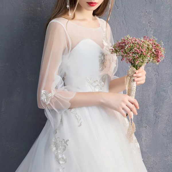 Erschwinglich Ivory / Creme Durchsichtige Brautkleider / Hochzeitskleider 2019 A Linie Rundhalsausschnitt Geschwollenes 3/4 Ärmel Rückenfreies Applikationen Spitze Kathedrale Schleppe Rüschen