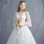 Erschwinglich Ivory / Creme Durchsichtige Brautkleider / Hochzeitskleider 2019 A Linie Rundhalsausschnitt Geschwollenes 3/4 Ärmel Rückenfreies Applikationen Spitze Kathedrale Schleppe Rüschen