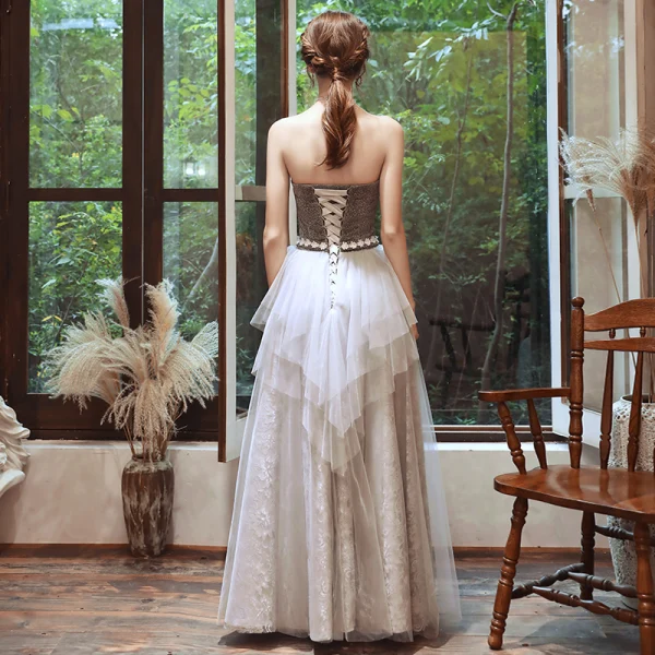 Rimelig Grå Selskapskjoler 2020 Prinsesse Kjæreste Uten Ermer Glitter Polyester Appliques Blonder Sash Lange Buste Ryggløse Formelle Kjoler