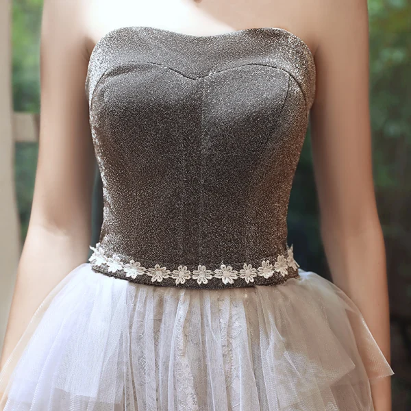 Rimelig Grå Selskapskjoler 2020 Prinsesse Kjæreste Uten Ermer Glitter Polyester Appliques Blonder Sash Lange Buste Ryggløse Formelle Kjoler
