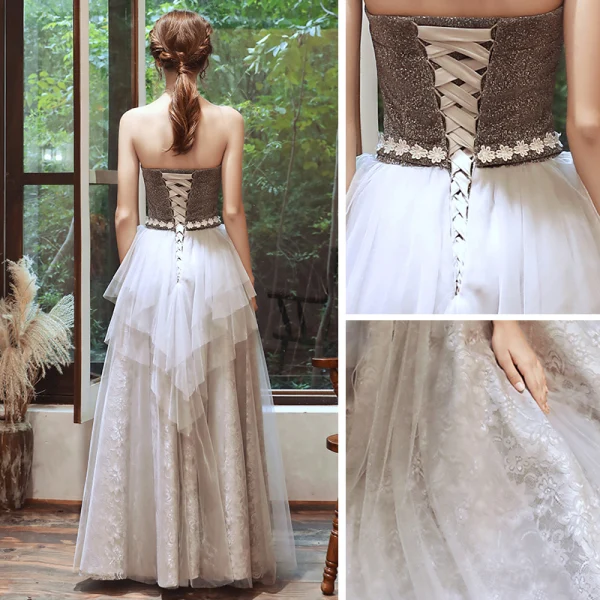 Rimelig Grå Selskapskjoler 2020 Prinsesse Kjæreste Uten Ermer Glitter Polyester Appliques Blonder Sash Lange Buste Ryggløse Formelle Kjoler
