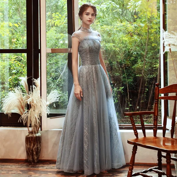 grey see through dress See Through Beaded Bodice A-Line Prom Dress with Thigh Split V Neck Long Evening Dress ARD2439 main image 1