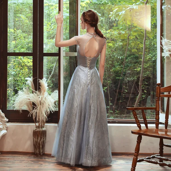 Sparkly Grey See-through Evening Dresses 2020 A-Line / Princess High Neck Sleeveless Beading Sequins Floor- Sparkly Grey See-through Evening Dresses 2020 A-Line / Princess High Neck Sleeveless Beading Sequins Floor-