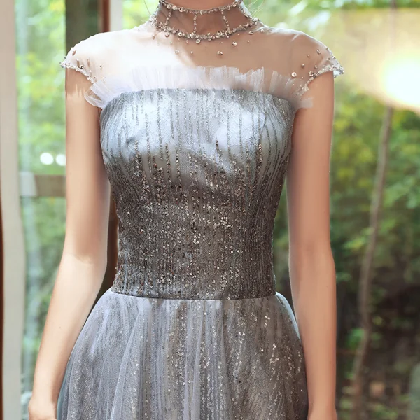 Sparkly Grey See-through Evening Dresses 2020 A-Line / Princess High Neck Sleeveless Beading Sequins Floor-Length / Long Backless Formal Dresses