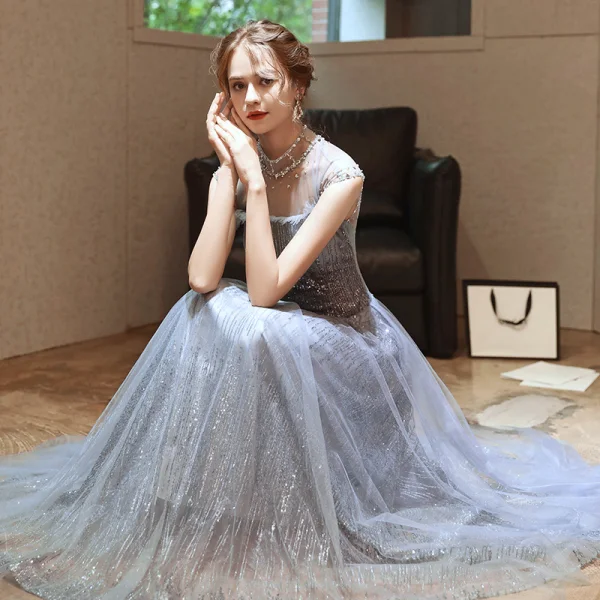 Sparkly Grey See-through Evening Dresses 2020 A-Line / Princess High Neck Sleeveless Beading Sequins Floor-Length / Long Backless Formal Dresses