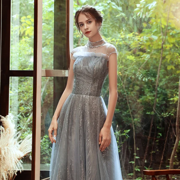 Sparkly Grey See-through Evening Dresses 2020 A-Line / Princess High Neck Sleeveless Beading Sequins Floor-Length / Long Backless Formal Dresses
