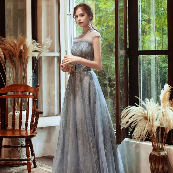 Sparkly Grey See-through Evening Dresses 2020 A-Line / Princess High Neck Sleeveless Beading Sequins Floor-Length / Long Backless Formal Dresses