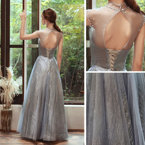 Sparkly Grey See-through Evening Dresses 2020 A-Line / Princess High Neck Sleeveless Beading Sequins Floor-Length / Long Backless Formal Dresses