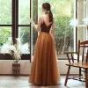 Chic / Beautiful Brown Evening Dresses  2020 A-Line / Princess Spaghetti Straps Sleeveless Rhinestone Sash Floor-Length / Long Ruffle Backless Formal Dresses