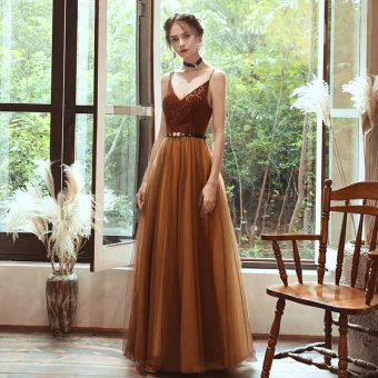 Chic Beautiful Brown Evening Dresses 2020 A Line Princess Spaghetti Straps Sleeveless Rhinestone Sash Floor Length Long Ruffle Backless Formal Dresses