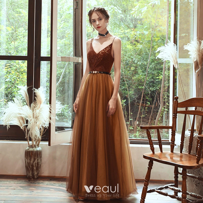 Chic Beautiful Brown Evening Dresses 2020 A Line Princess Spaghetti Straps  Sleeveless Rhinestone Sash Floor Length Long Ruffle Backless Formal Dresses