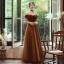 Chic / Beautiful Brown Evening Dresses  2020 A-Line / Princess Off-The-Shoulder Short Sleeve Beading Glitter Polyester Rhinestone Sash Floor-Length / Long Backless Formal Dresses