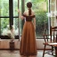 Chic / Beautiful Brown Evening Dresses  2020 A-Line / Princess Off-The-Shoulder Short Sleeve Beading Glitter Polyester Rhinestone Sash Floor-Length / Long Backless Formal Dresses