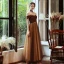 Chic / Beautiful Brown Evening Dresses  2020 A-Line / Princess Off-The-Shoulder Short Sleeve Beading Glitter Polyester Rhinestone Sash Floor-Length / Long Backless Formal Dresses