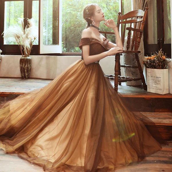 Chic / Beautiful Brown Evening Dresses 2020 A-Line / Princess Off-The-Shoulder Short Sleeve Beading Glitter Polyester Rhinestone Sash Floor-Length /