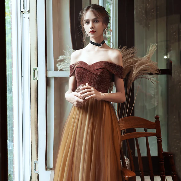 Chic / Beautiful Brown Evening Dresses 2020 A-Line / Princess Off-The-Shoulder Short Sleeve Beading Glitter Polyester Rhinestone Sash Floor-Length / Long Backless Formal Dresses