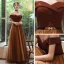 Chic / Beautiful Brown Evening Dresses  2020 A-Line / Princess Off-The-Shoulder Short Sleeve Beading Glitter Polyester Rhinestone Sash Floor-Length / Long Backless Formal Dresses