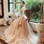 Élégant Champagne Robe De Soirée 2020 Princesse Bretelles Spaghetti Sans Manches Perlage Glitter Tulle Train De Balayage Volants Dos Nu Robe De Ceremonie