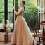 Élégant Champagne Robe De Soirée 2020 Princesse Bretelles Spaghetti Sans Manches Perlage Glitter Tulle Train De Balayage Volants Dos Nu Robe De Ceremonie