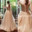 Élégant Champagne Robe De Soirée 2020 Princesse Bretelles Spaghetti Sans Manches Perlage Glitter Tulle Train De Balayage Volants Dos Nu Robe De Ceremonie