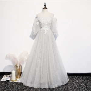 Style Victorien Argenté Blanche Transparentes Robe De Bal 2020 Princesse Encolure Dégagée Gonflée 3 4 Manches Appliques En Dentelle Perlage Longue Volants
