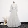 Victorian Style Silver White See-through Prom Dresses 2020 Princess Scoop Neck Puffy 3/4 Sleeve Appliques Lace Beading Floor-Length / Long Ruffle