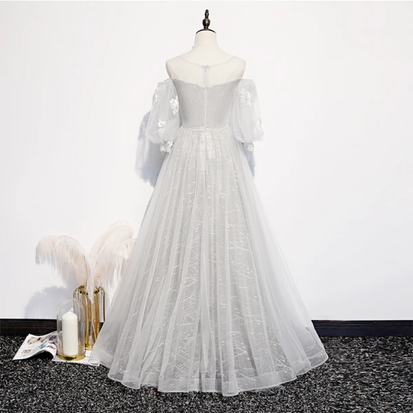 Victorian Style Silver White See-through Prom Dresses 2020 Princess Scoop Neck Puffy 3/4 Sleeve Appliques Lace Beading Floor-Length / Long Ruffle