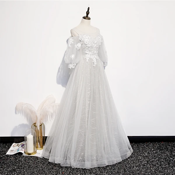 Victorian Style Silver White See-through Prom Dresses 2020 Princess Scoop Neck Puffy 3/4 Sleeve Appliques Lace Beading Floor-Length / Long Ruffle