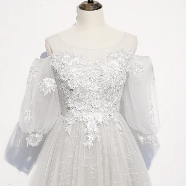 Victorian Style Silver White See-through Prom Dresses 2020 Princess Scoop Neck Puffy 3/4 Sleeve Appliques Lace Beading Floor-Length / Long Ruffle