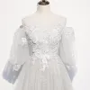Victorian Style Silver White See-through Prom Dresses 2020 Princess Scoop Neck Puffy 3/4 Sleeve Appliques Lace Beading Floor-Length / Long Ruffle