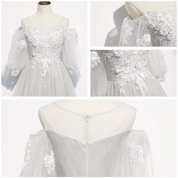 Victorian Style Silver White See-through Prom Dresses 2020 Princess Scoop Neck Puffy 3/4 Sleeve Appliques Lace Beading Floor-Length / Long Ruffle