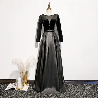 Mode Noire Daim Satin Robe De Soirée 2020 Princesse Transparentes Col V Profond Manches Longues Ceinture Longue Dos Nu Robe De Ceremonie