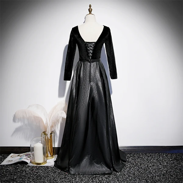 Fashion Black Suede Satin Evening Dresses 2020 A-Line / Princess See-through Deep V-Neck Long Sleeve Sash Floor-Length / Long Backless Formal Dresses