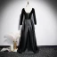 Fashion Black Suede Satin Evening Dresses  2020 A-Line / Princess See-through Deep V-Neck Long Sleeve Sash Floor-Length / Long Backless Formal Dresses